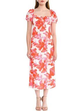 New WAYF Large Floral Print Maxi Dress Puff Sleeves & Tie Neckline